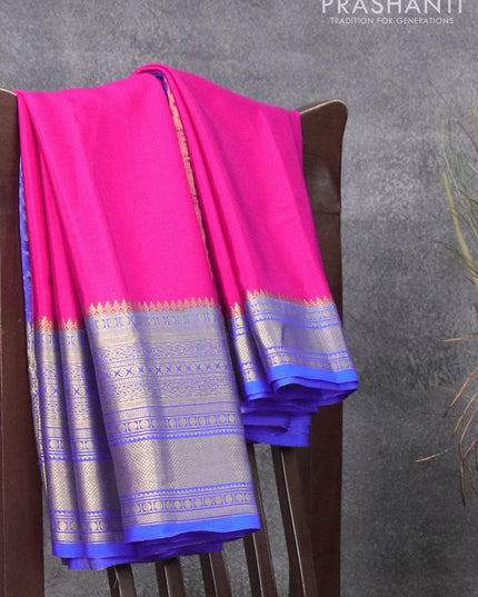Pure mysore silk saree pink and royal blue with plain body and long zari woven border - {{ collection.title }} by Prashanti Sarees