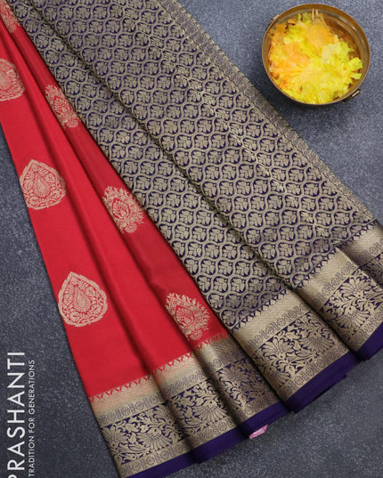 Pure mysore silk saree red and blue with zari woven buttas and zari woven border - {{ collection.title }} by Prashanti Sarees