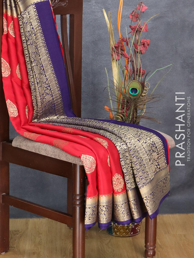 Pure mysore silk saree red and blue with zari woven buttas and zari woven border - {{ collection.title }} by Prashanti Sarees