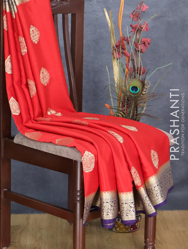 Pure mysore silk saree red and dark blue with zari woven buttas and zari woven border - {{ collection.title }} by Prashanti Sarees