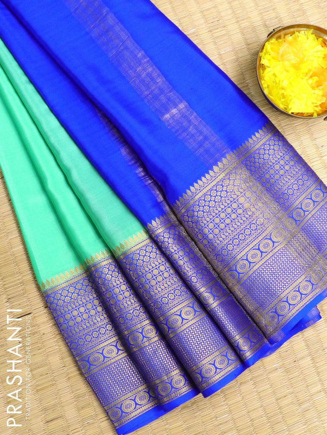 Pure mysore silk saree teal blue and royal blue with plain body and long zari woven border - {{ collection.title }} by Prashanti Sarees