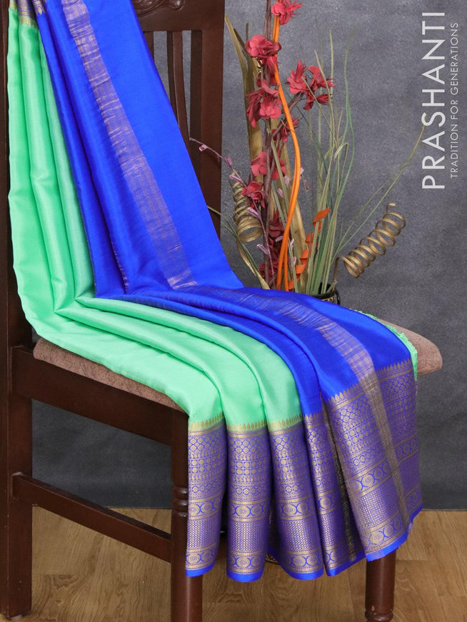 Pure mysore silk saree teal blue and royal blue with plain body and long zari woven border - {{ collection.title }} by Prashanti Sarees