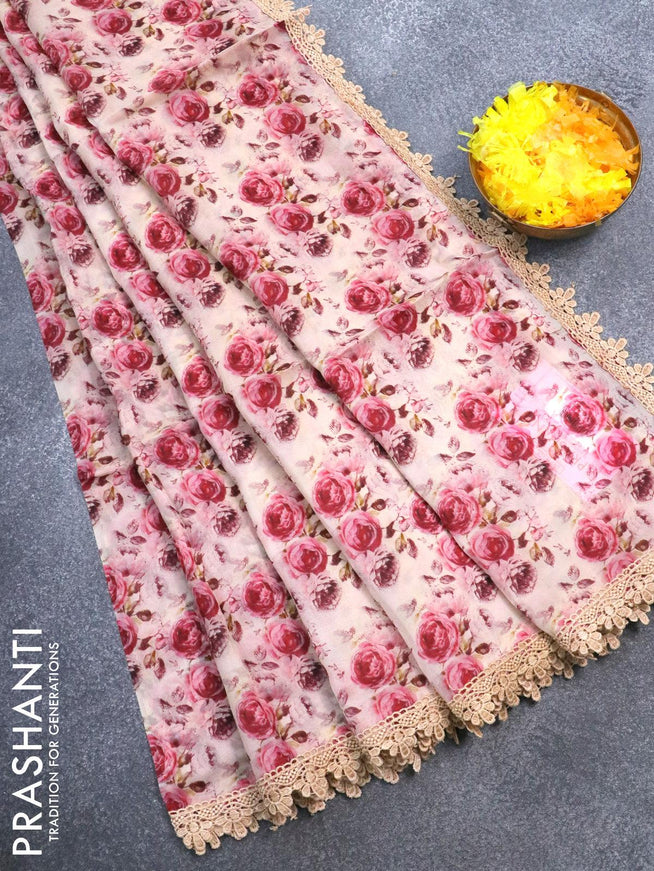 Pure organza saree beige with allover floral prints and crocia lace work border - {{ collection.title }} by Prashanti Sarees
