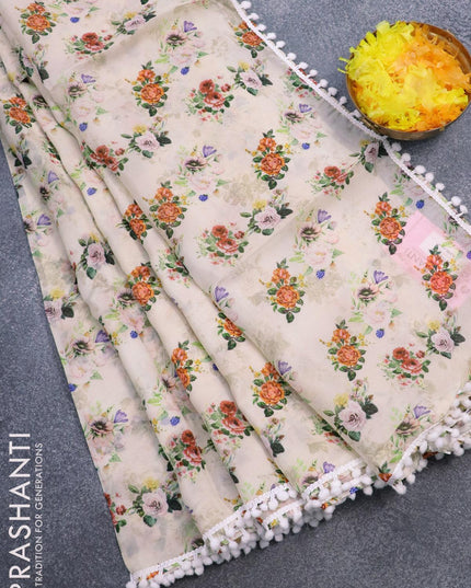 Pure organza saree beige with allover floral prints and crocia lace work border - {{ collection.title }} by Prashanti Sarees