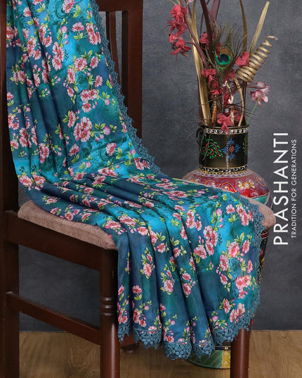 Pure organza saree blue with allover floral prints and crocia lace work border - {{ collection.title }} by Prashanti Sarees