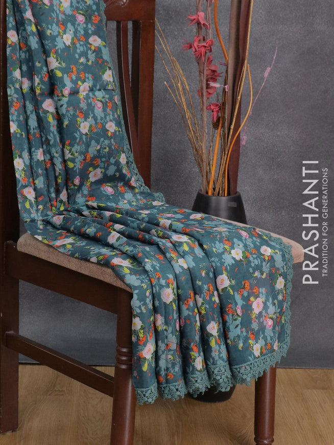 Pure organza saree dark peacock blue with allover floral prints and crocia lace work border - {{ collection.title }} by Prashanti Sarees