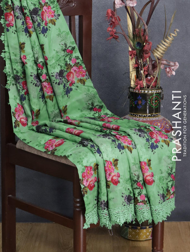 Pure organza saree green shade with allover floral prints and crocia lace work border - {{ collection.title }} by Prashanti Sarees