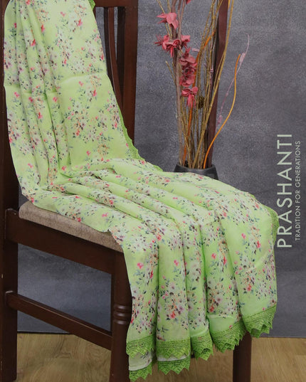 Pure organza saree green shade with allover floral prints and crocia lace work border - {{ collection.title }} by Prashanti Sarees