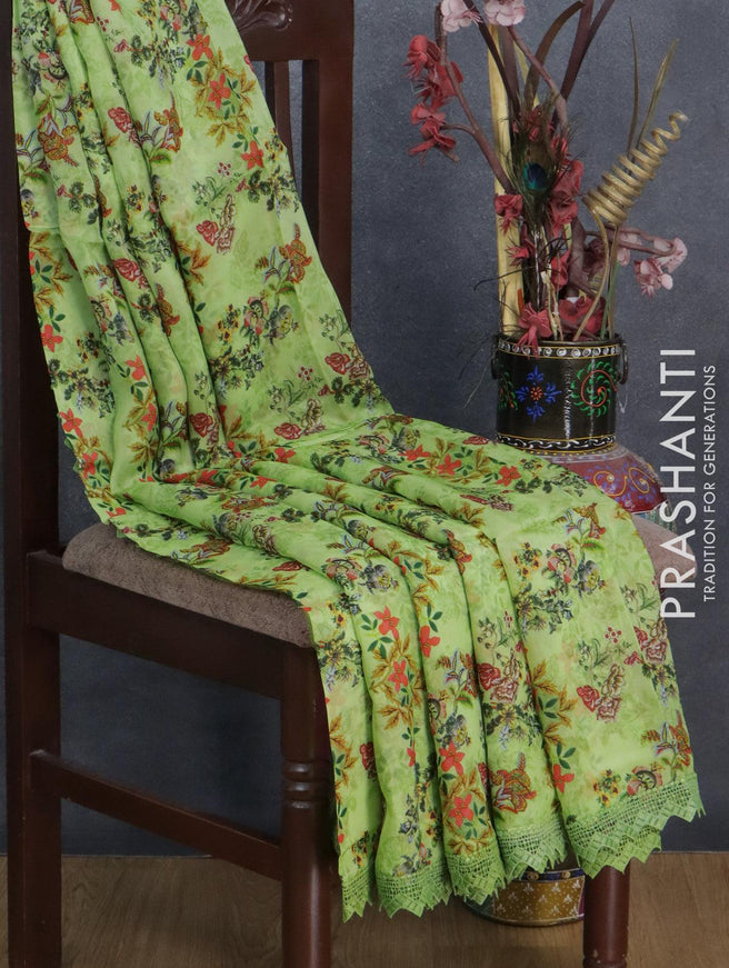 Pure organza saree green with allover floral prints and crocia lace work border - {{ collection.title }} by Prashanti Sarees