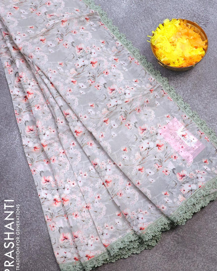 Pure organza saree grey shade with allover floral prints and crocia lace work border - {{ collection.title }} by Prashanti Sarees