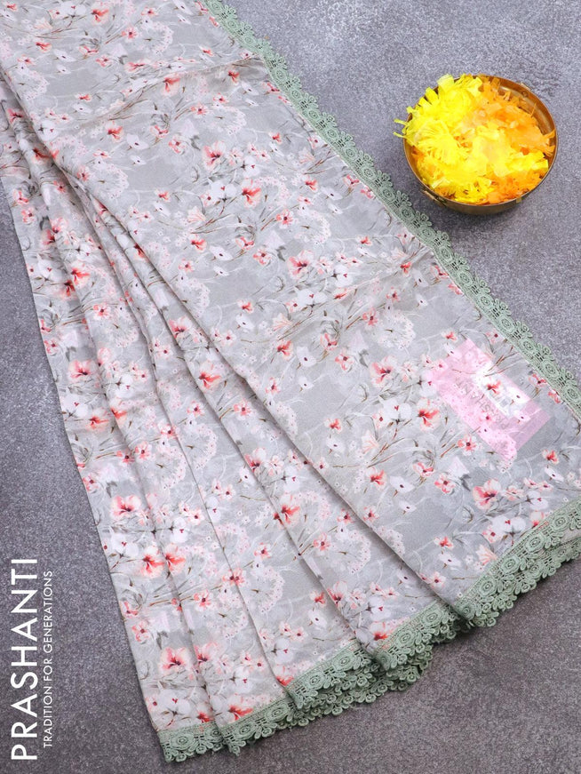 Pure organza saree grey shade with allover floral prints and crocia lace work border - {{ collection.title }} by Prashanti Sarees