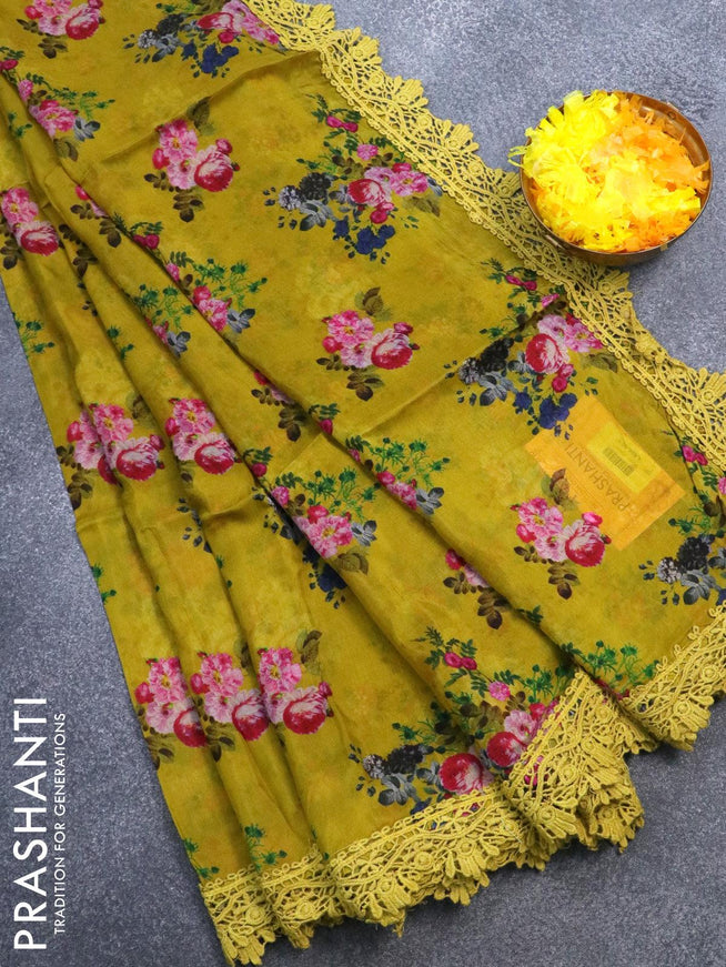 Pure organza saree mehendi green with allover floral prints and crocia lace work border - {{ collection.title }} by Prashanti Sarees