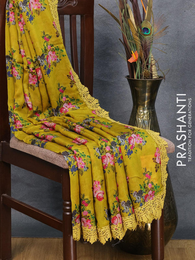 Pure organza saree mehendi green with allover floral prints and crocia lace work border - {{ collection.title }} by Prashanti Sarees