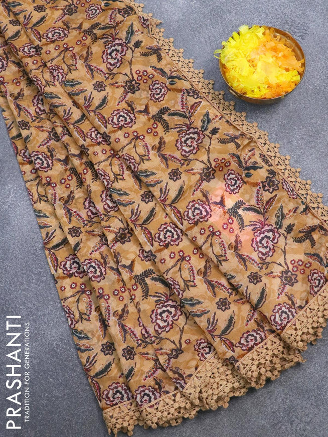 Pure organza saree pastel brown with allover floral prints and crocia lace work border - {{ collection.title }} by Prashanti Sarees