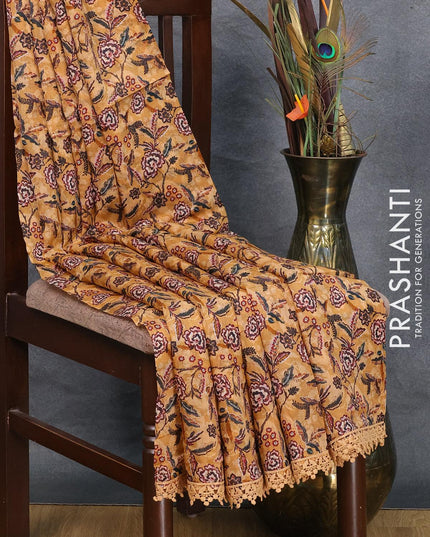 Pure organza saree pastel brown with allover floral prints and crocia lace work border - {{ collection.title }} by Prashanti Sarees