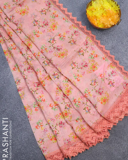 Pure organza saree peach orange with allover floral prints and crocia lace work border - {{ collection.title }} by Prashanti Sarees