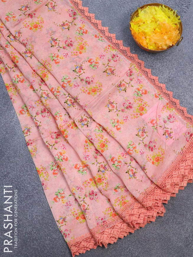 Pure organza saree peach orange with allover floral prints and crocia lace work border - {{ collection.title }} by Prashanti Sarees