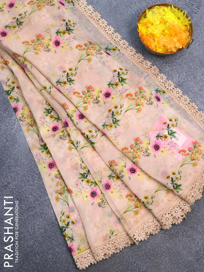 Pure organza saree peach peach shade with allover floral prints and crocia lace work border - {{ collection.title }} by Prashanti Sarees