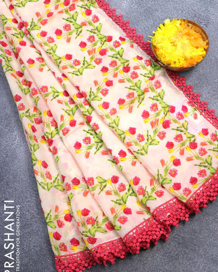 Pure organza saree peach shade and red with allover floral prints and crocia lace work border - {{ collection.title }} by Prashanti Sarees