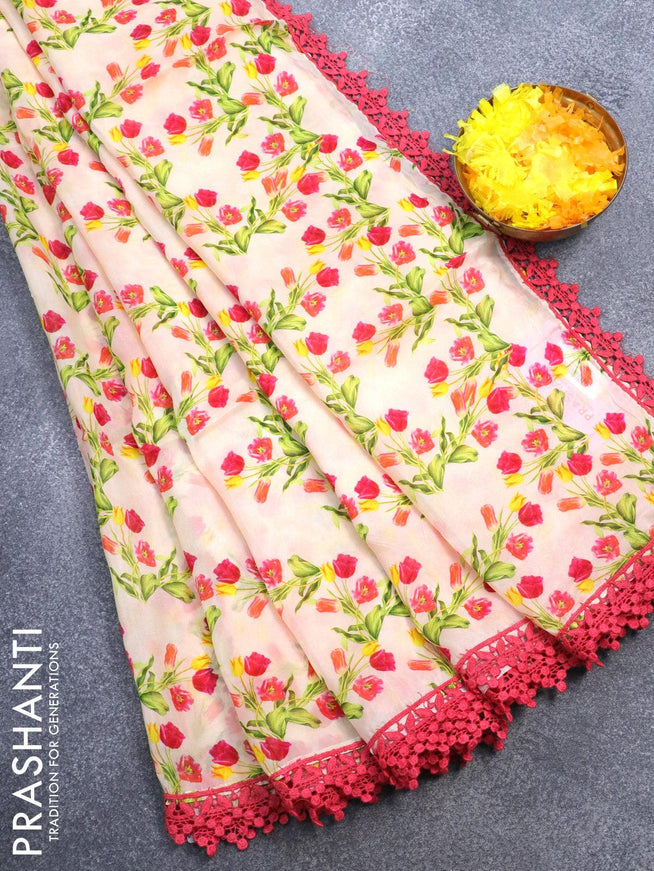 Pure organza saree peach shade and red with allover floral prints and crocia lace work border - {{ collection.title }} by Prashanti Sarees