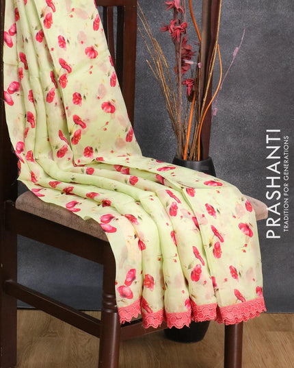 Pure organza saree pista green with allover floral prints and crocia lace work border - {{ collection.title }} by Prashanti Sarees