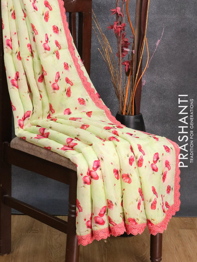 Pure organza saree pista green with allover floral prints and crocia lace work border - {{ collection.title }} by Prashanti Sarees