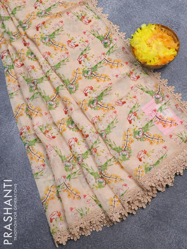 Pure organza saree sandal with allover floral prints and crocia lace work border - {{ collection.title }} by Prashanti Sarees