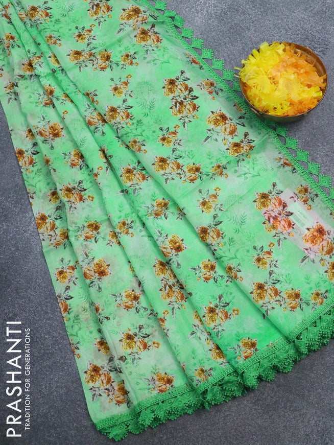 Pure organza saree teal green with allover floral prints and crocia lace work border - {{ collection.title }} by Prashanti Sarees