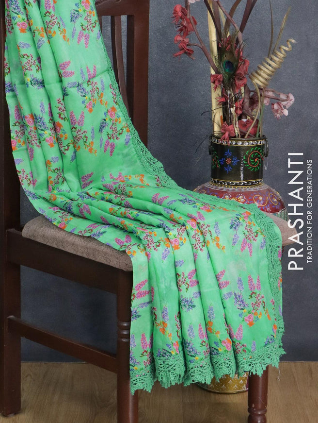 Pure organza saree teal green with allover floral prints and crocia lace work border - {{ collection.title }} by Prashanti Sarees
