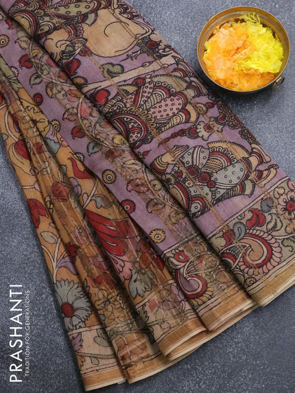 Pure organza silk saree brown shade and beige with allover kalamkari prints and printed border - {{ collection.title }} by Prashanti Sarees