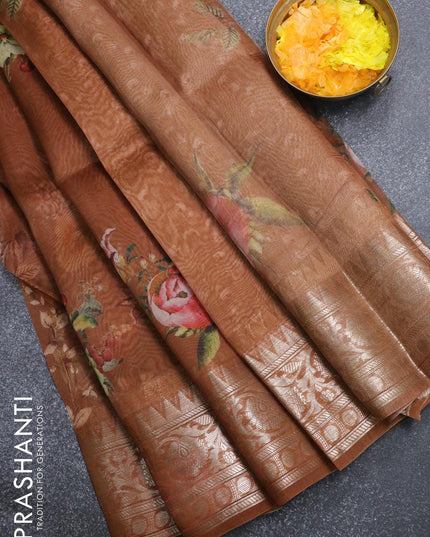 Pure organza silk saree brown with allover floral prints and floral zari woven border - {{ collection.title }} by Prashanti Sarees