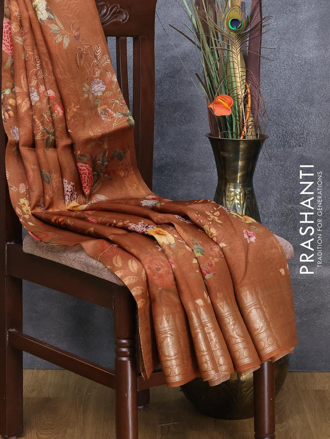 Pure organza silk saree brown with allover floral prints and floral zari woven border - {{ collection.title }} by Prashanti Sarees