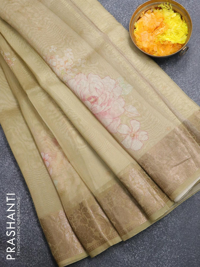 Pure organza silk saree elaichi green shade with allover floral prints and floral zari woven border - {{ collection.title }} by Prashanti Sarees