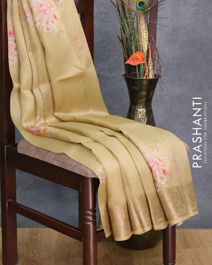 Pure organza silk saree elaichi green shade with allover floral prints and floral zari woven border - {{ collection.title }} by Prashanti Sarees