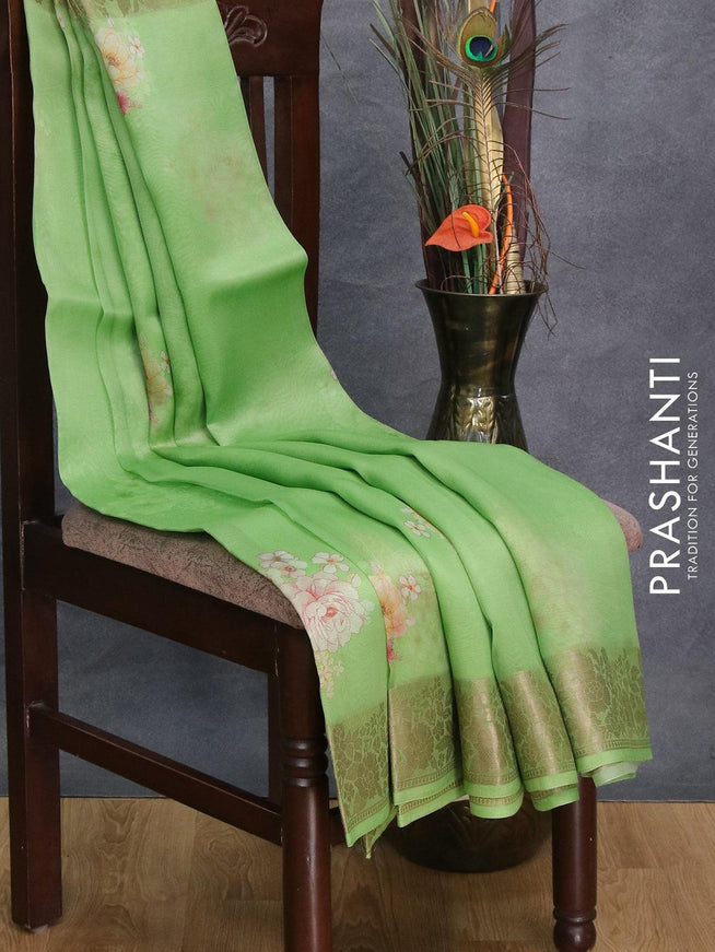 Pure organza silk saree green with allover floral prints and floral zari woven border - {{ collection.title }} by Prashanti Sarees