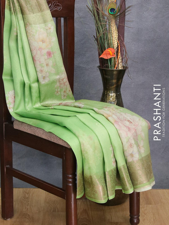 Pure organza silk saree green with allover floral prints and floral zari woven border - {{ collection.title }} by Prashanti Sarees