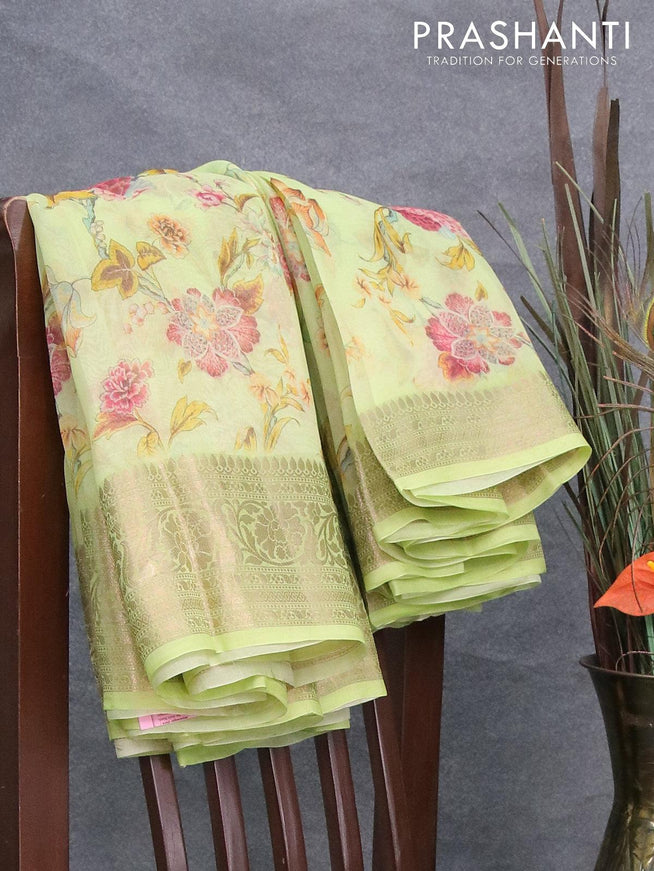Pure organza silk saree light green with allover floral prints and zari woven border - {{ collection.title }} by Prashanti Sarees