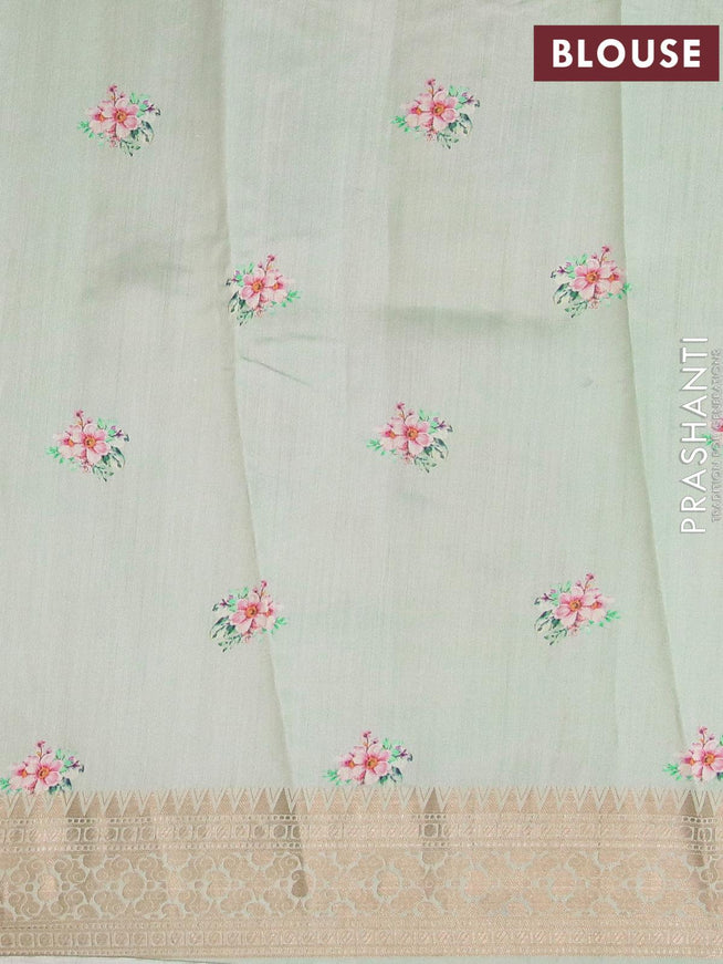 Pure organza silk saree patel green shade with allover floral prints and zari woven border - {{ collection.title }} by Prashanti Sarees