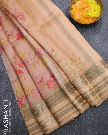 Pure organza silk saree peach shade and pale orange with allover floral prints and zari woven border - {{ collection.title }} by Prashanti Sarees