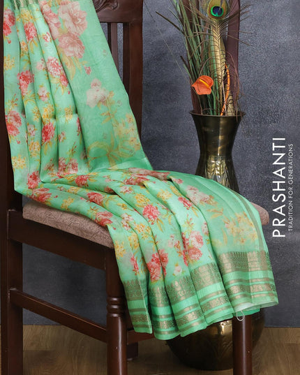 Pure organza silk saree teal green shade with allover floral prints and zari woven border - {{ collection.title }} by Prashanti Sarees