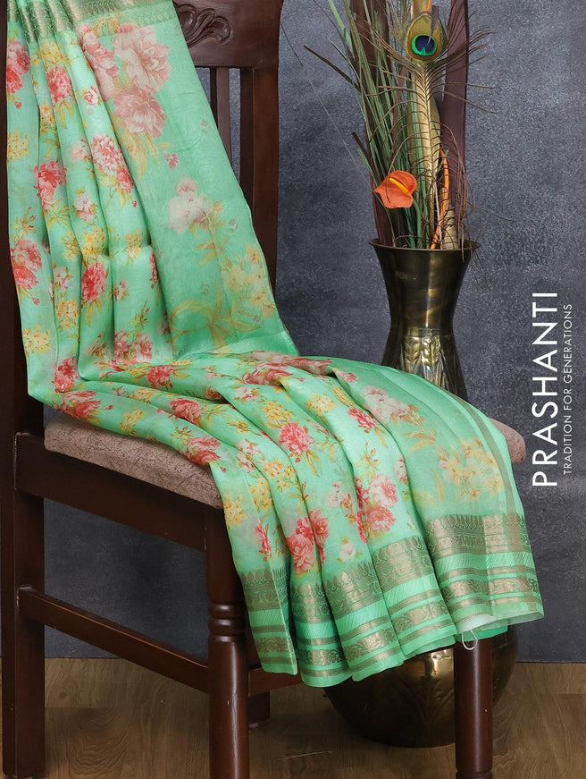 Pure organza silk saree teal green shade with allover floral prints and zari woven border - {{ collection.title }} by Prashanti Sarees