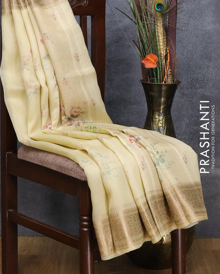 Pure organza silk saree yellow shade with allover floral prints and zari woven border - {{ collection.title }} by Prashanti Sarees