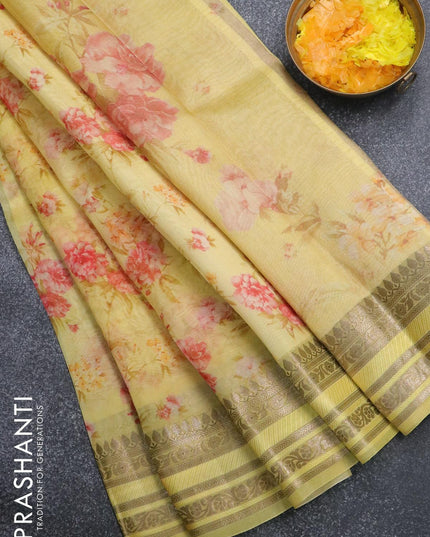Pure organza silk saree yellow with allover floral prints and zari woven border - {{ collection.title }} by Prashanti Sarees