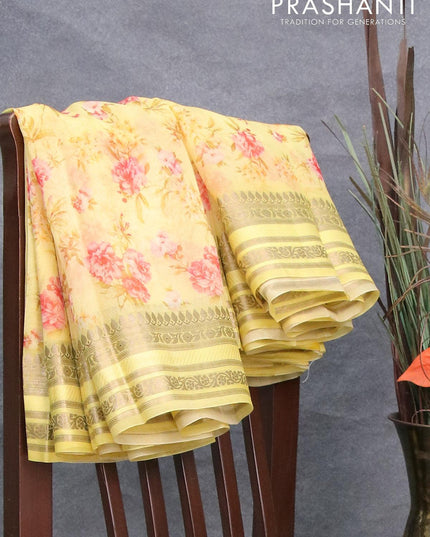 Pure organza silk saree yellow with allover floral prints and zari woven border - {{ collection.title }} by Prashanti Sarees