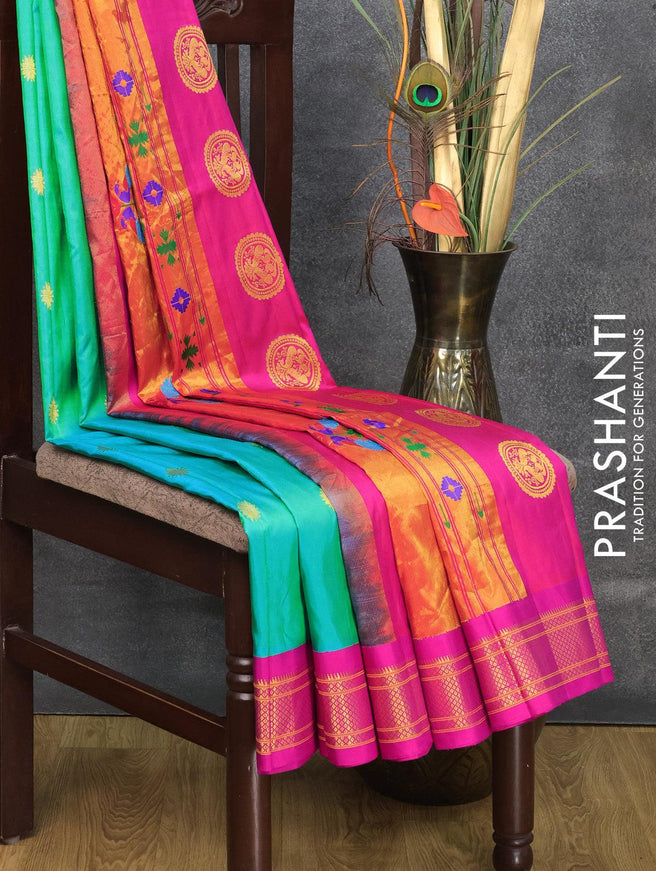 Pure paithani silk saree dual shade of teal bluish green and pink with zari woven buttas and zari woven border - {{ collection.title }} by Prashanti Sarees