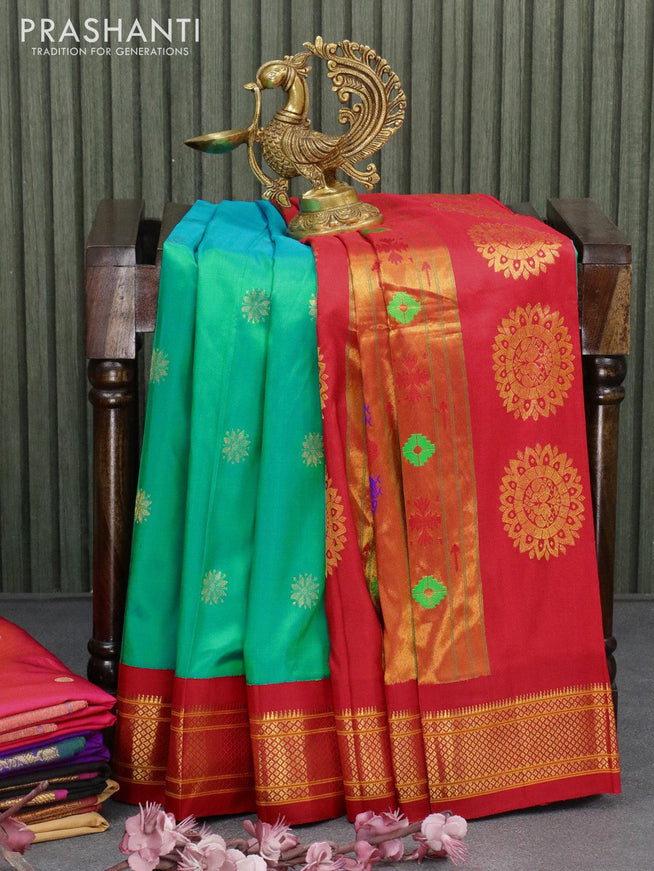 Pure paithani silk saree dual shade of teal bluish green and red with allover zari woven buttas and zari woven border - {{ collection.title }} by Prashanti Sarees