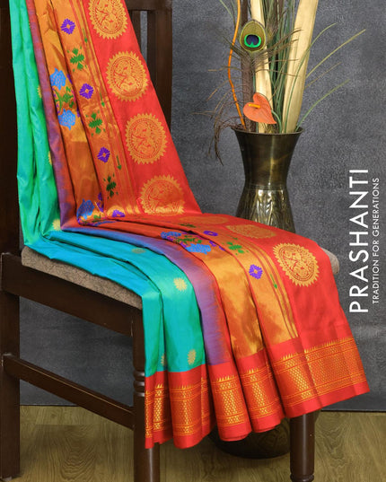 Pure paithani silk saree dual shade of teal bluish green and red with zari woven buttas and zari woven border - {{ collection.title }} by Prashanti Sarees
