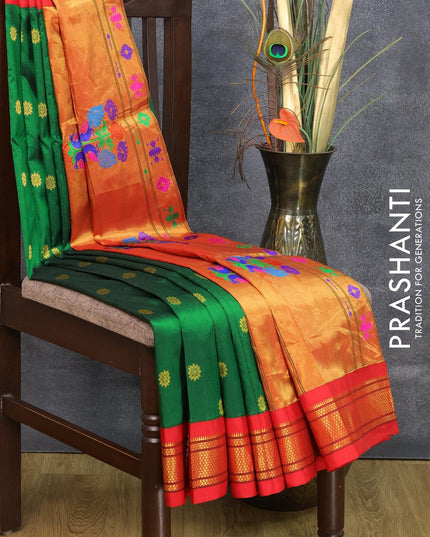 Pure paithani silk saree green and red with zari woven buttas and zari woven border - {{ collection.title }} by Prashanti Sarees