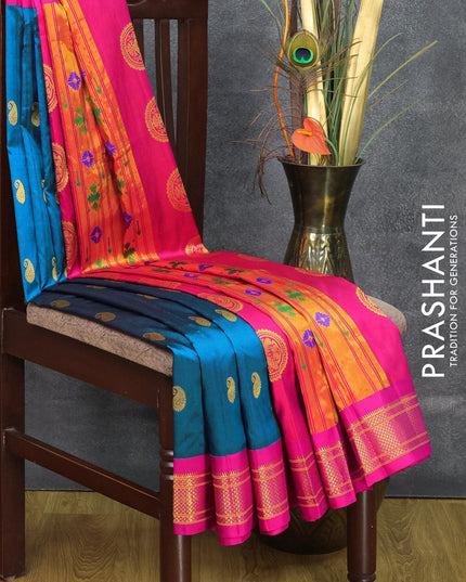Pure paithani silk saree peacock blue and pink with zari woven buttas and zari woven border - {{ collection.title }} by Prashanti Sarees