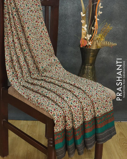 Pure Pashmina silk saree cream and teal green with allover floral prints and woven border - {{ collection.title }} by Prashanti Sarees